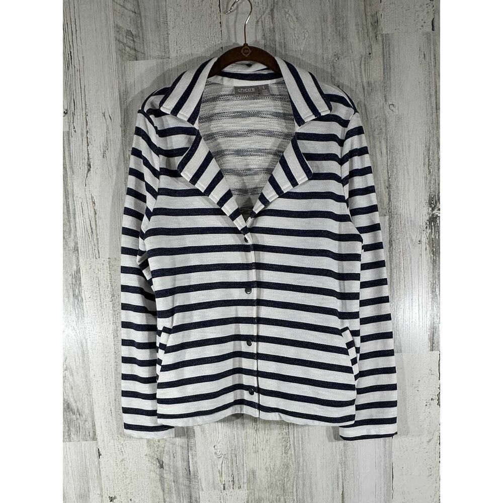 Chicos Blazer Size 1 or Small Breton Stripe Blue Cream Slub Knit Snap Pockets‎